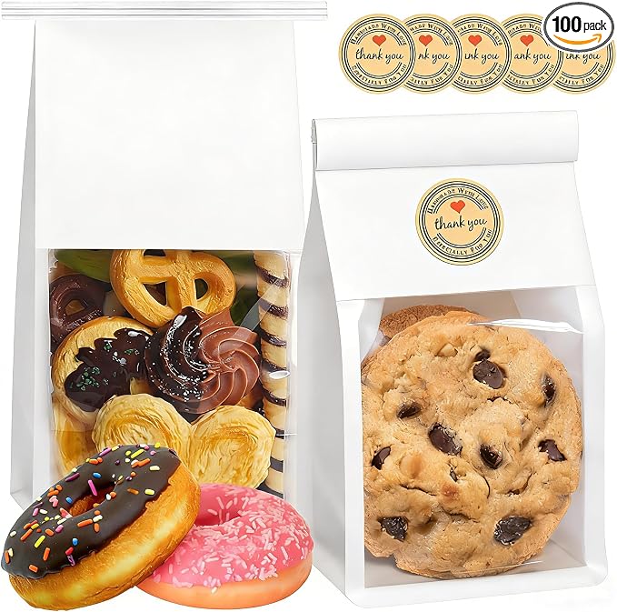 100 Pack White Cookie Bags with Seal, 8.2x3.9x3.1 Inch Tin Tie Tab Lock Bakery Bags with Window Resealable Paper Packaging Bag for Muffin, Candies, Scone, Brownie, Included 50 Thank You Stickers by GOULIKFUL