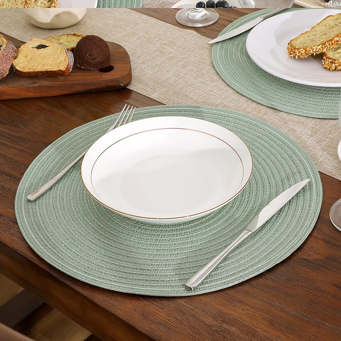 SHACOS Round Placemats Set of 6 Washable 15 inch Cotton Polyester Table Mats Woven Braided Place Mats for Dining Table, Sage Green - Image 8