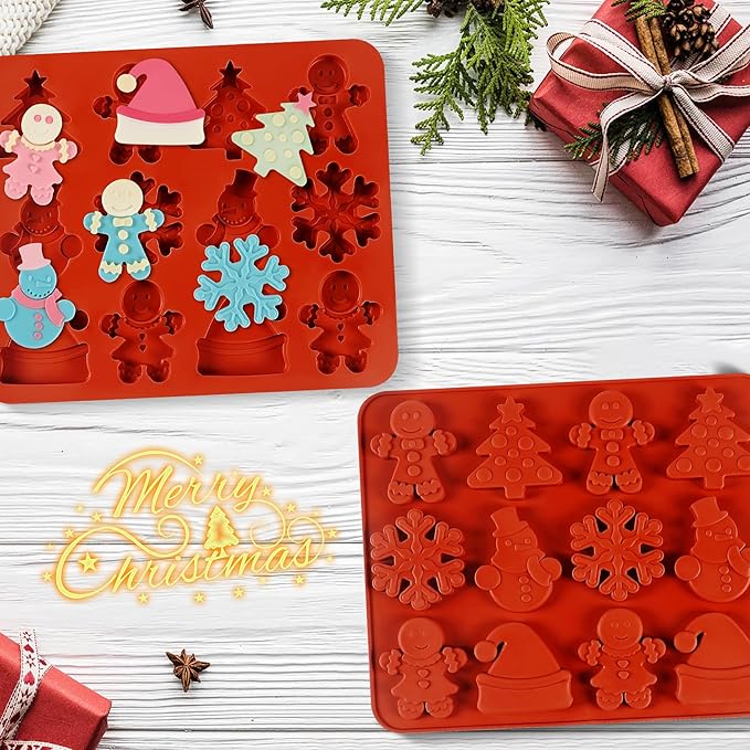 2Pcs Silicone Christmas Cookie Mold for Baking, Christmas Chocolate Cookie Molds Snowflake Snowman Christmas Hat Christmas Trees Gingerbread Man Shape Mold for Candies, Cookie, Wax Melts
