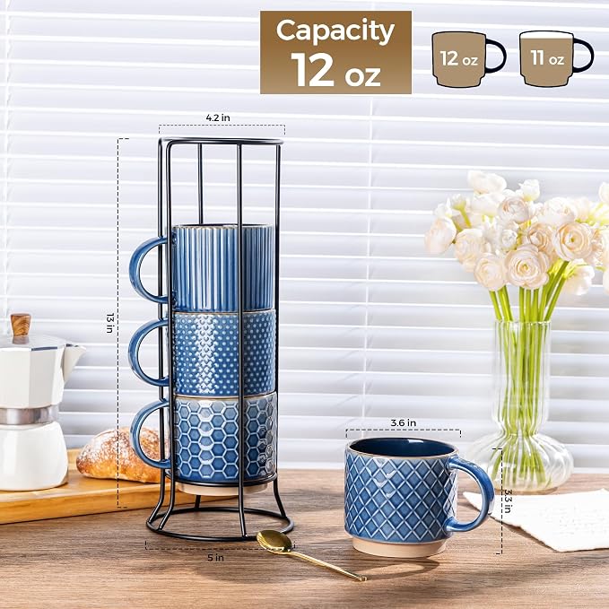 GBhome 12 OZ Stackable Coffee Mugs Set of 4, Ceramic Coffee Cups Set | Coffee Mugs With Stand, Dishwasher&Microwave Safe, 4 Assorted Designs - Image 3