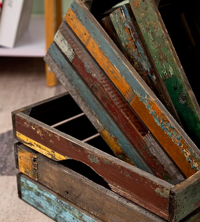 TIMRIS Set of 3 Rustic Distressed Wood Nesting Crates, Farmhouse Decorative Wooden Storage Boxes, Large Vintage Reclaimed Wood Baskets for Display (Random) - Image 7