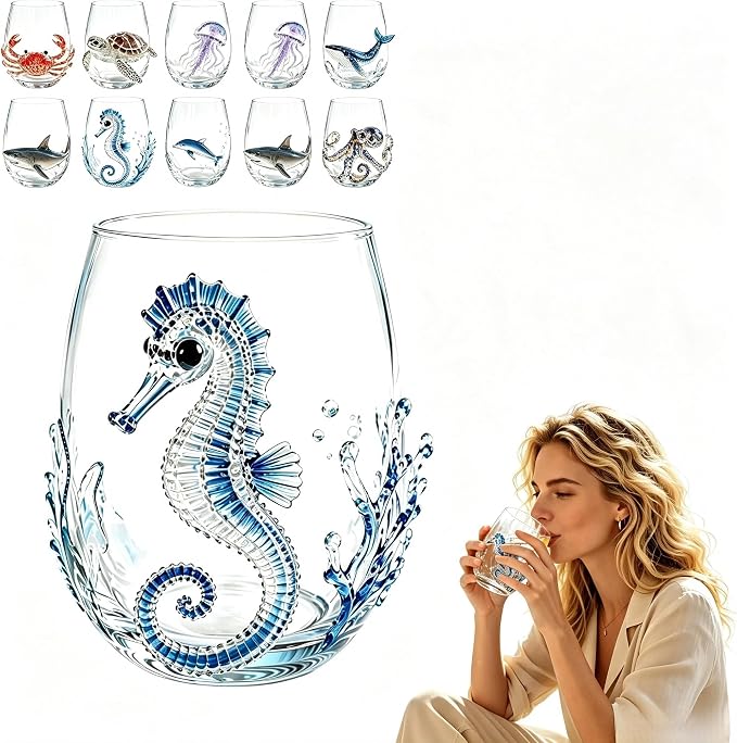 Novelty 3D Sculpted Ocean Life Stemless Wine Glasses, 12oz Embossed Sea Animal Glassware for Beverages, Premium Borosilicate Glass Beach Gifts (Seahorse) by Unknown