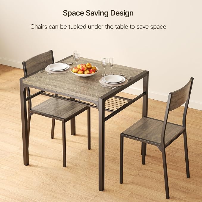 Gizoon 3-Piece Dining Table Set for 2, Small Kitchen Table & Chairs Grey | Compact grey 2-person dining set perfect for apartments. Features under-table storage rack and 2 chairs that tuck away. - Image 4