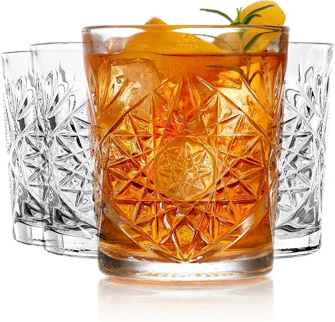 Libbey Hobstar Double Old Fashioned Glasses, Clear Cut Glass Drinking Glasses Set of 4, Durable, Vintage Whiskey Glasses for Cocktail, Drinks and More by Libbey