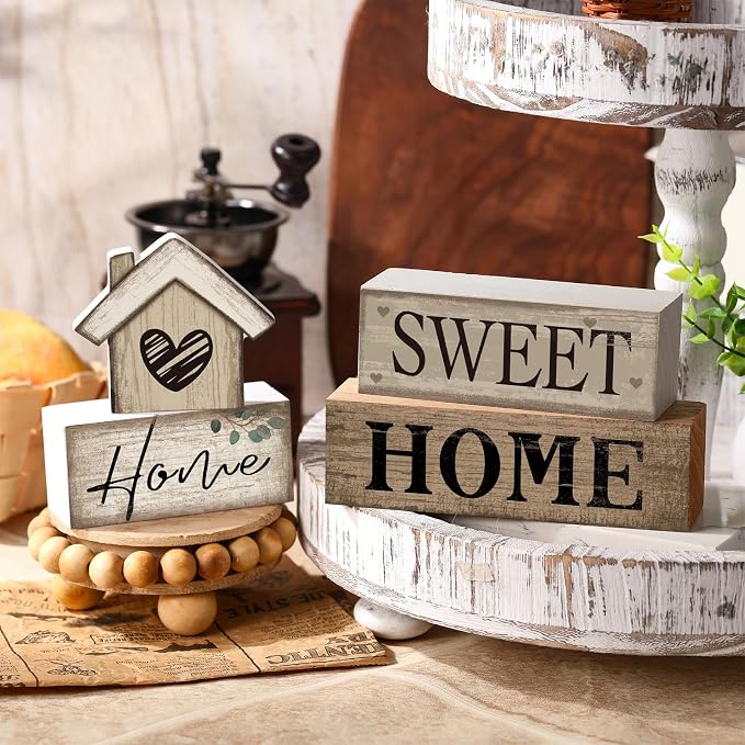 Moucuny 4 Pcs Farmhouse Table Decor Rustic Home Sweet Home Tiered Tray Decorations Retro Wooden House Shaped Block Signs Farmhouse Stacked Table Decoration for Housewarming Gifts Kitchen Mantle Shelf - Image 5