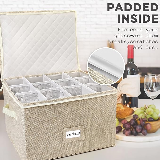 LotFancy Stemware Storage Container for Moving, Hard Shell, Stackable Wine Glass Storage Box with Dividers & Handles, Crystal Glassware, Champagne Flute, Drinkware Case, Beige - Image 5