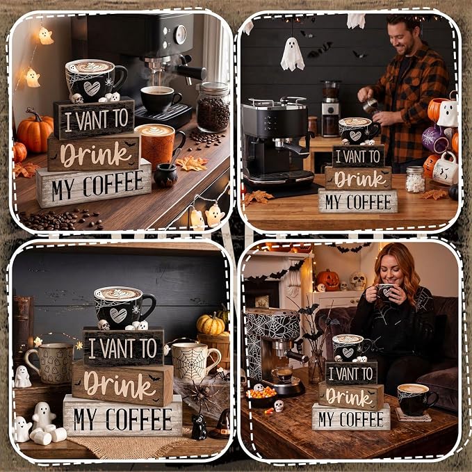 Moucuny 4 Pcs Halloween Table Decorations Spooky Coffee Wooden Stacked Block Decor, "I Vant to Drink My Coffee" Signs with Ghost Mug Topper, Halloween Tiered Tray Decor for Home Office Kitchen Bar - Image 5