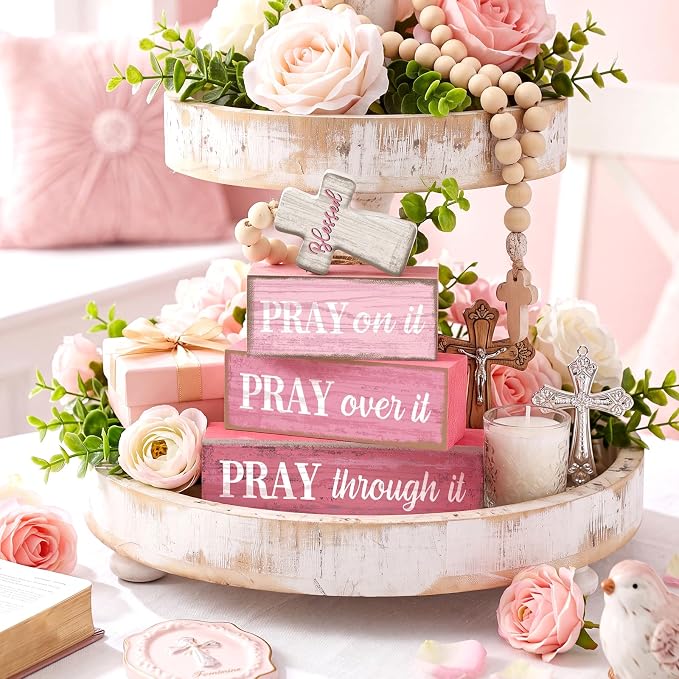 Moucuny 4 Pcs Pink Christian Table Decor Cross Wooden Bible Verse Sign Religious Pink Pray Block Signs Gifts with Beaded Garland Tassel Artificial Plant Farmhouse Christian Home Decor for Office Shelf - Image 4