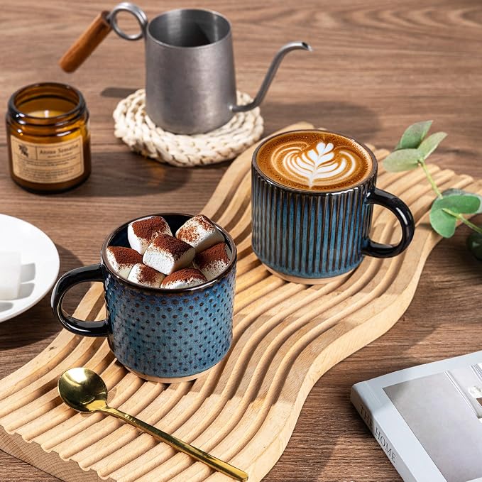 GBhome 6 OZ Stackable Coffee Mugs Set of 4, Ceramic Coffee Cups Set | 4 Assorted Designs, Embossed Mugs with Texture Patterns for Espresso/Tea, Dishwasher&Microwave Safe, Deep Sea - Image 6