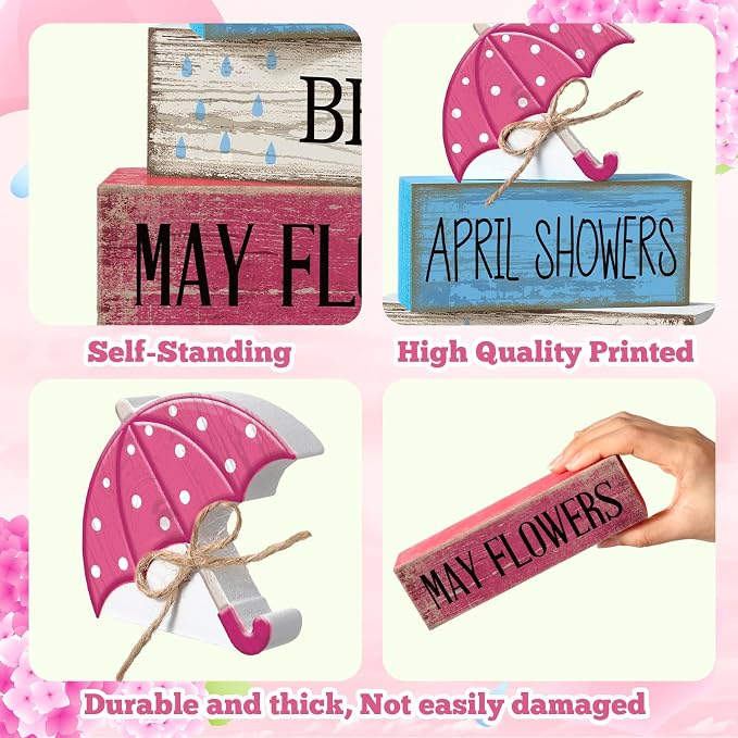 Moucuny 4 Pcs Spring Summer Decorations for Home Wooden Umbrella Tiered Tray Decorations Summer Centerpieces for Tables Farmhouse Decorative Umbrella Faux Stack Block Sign for Home Shelf Decor - Image 5