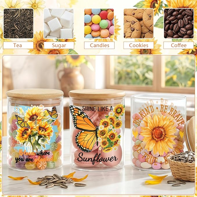 Sunflower Glass Storage Jars with Lids, Candy Cookie Jars, 3 Pcs | Sunflower Inspirational Candy Jars Summer Floral Motivational Kitchen Decor Canister Yellow Floral Kitchen Containers Set - Image 6