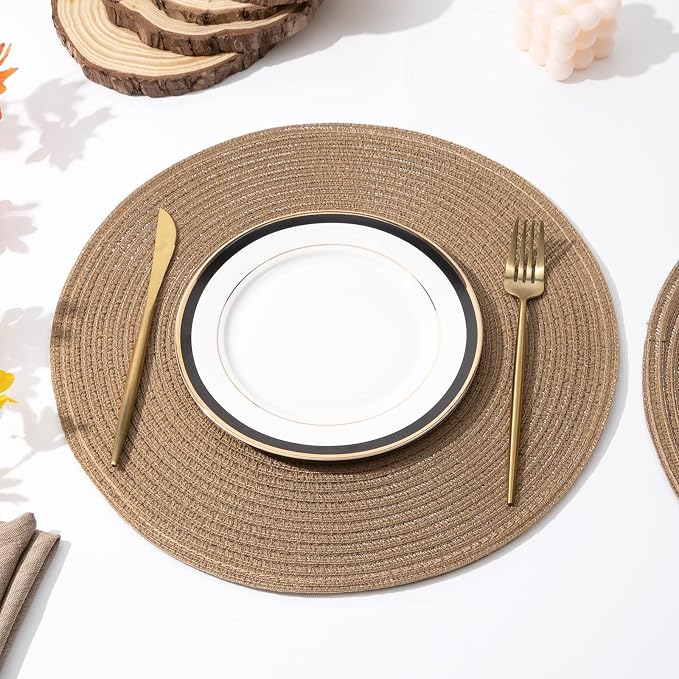 SHACOS Round Placemats Set of 4 Woven Braided Kitchen Table Placemats 15 inch Round Place Mats Washable Table Mats Indoor Outdoor, Brown - Image 4
