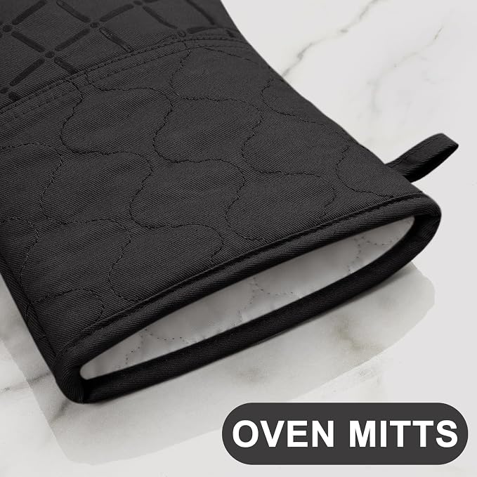 Oven Mitts Kitchen Towels and Dishcloths Pot Holders Sets, Oven Gloves Kitchen Dish Towels 500 Degree Heat Resistant Potholders with Non-Slip Silicone Surface for Cooking, Grilling, Baking-Black - Image 4