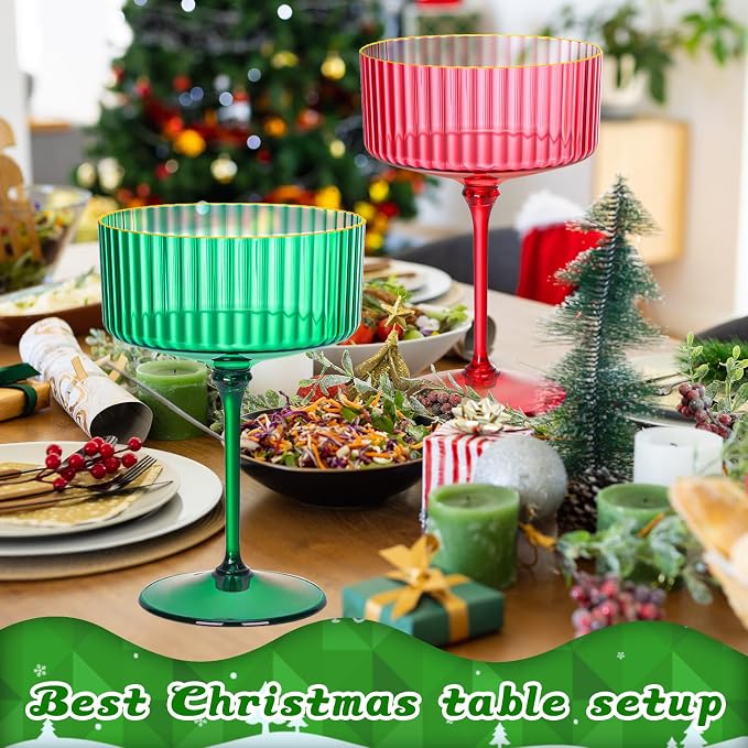 12 PCS Plastic Martini Glasses 10 oz Detachable Gold Rim Green Ribbed Coupe Glasses Vintage Christmas Martini Cocktail Glass for Bar,Margarita,Gin,Tequila, Desserts and Snacks - Image 6