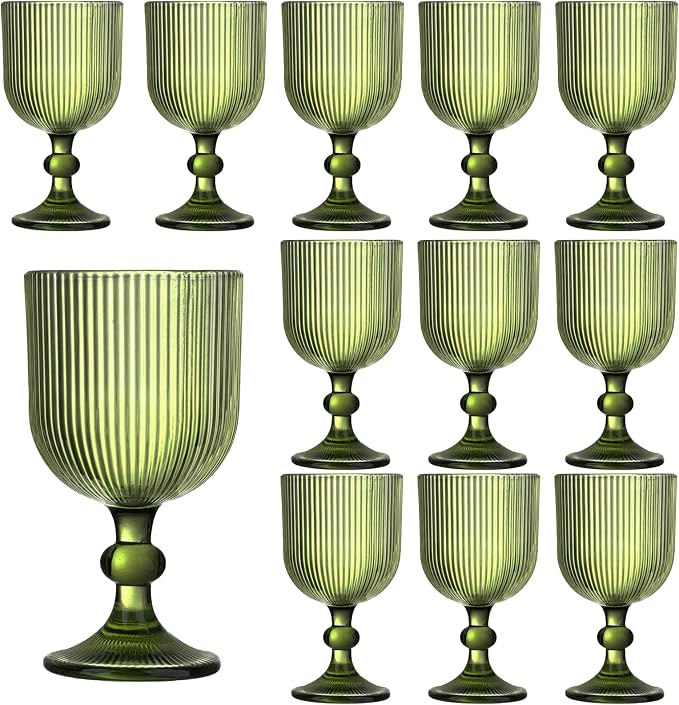 12 Pcs Green Vintage Wine Glasses, 11 Ounces Colored Glass Water Goblets, Unique Embossed Pattern High Clear Stemmed Glassware Wedding Party Bar Glass Drinking Cups Fancy Glasses Vertical Line Set by XKXKKE