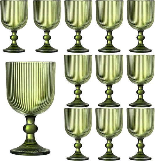12 Pcs Green Vintage Wine Glasses, 11 Ounces Colored Glass Water Goblets, Unique Embossed Pattern High Clear Stemmed Glassware Wedding Party Bar Glass Drinking Cups Fancy Glasses Vertical Line Set by XKXKKE