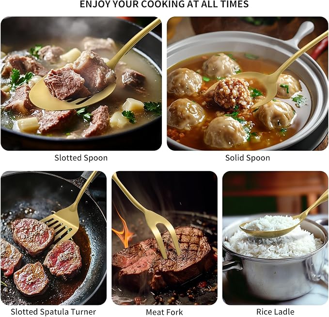 304 Stainless Steel Kitchen Cooking Utensils Set - 9 PCS Serving Utensils, Include Skimmer, Soup Ladle, Spaghetti Server, Wok Spatula, Slotted & Solid Spoon, Slotted Spatula Turner, Meat Fork (Gold） - Image 7