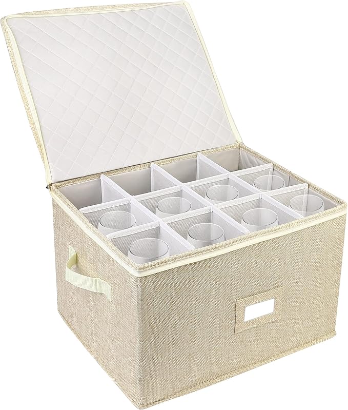 LotFancy Stemware Storage Container for Moving, Hard Shell, Stackable Wine Glass Storage Box with Dividers & Handles, Crystal Glassware, Champagne Flute, Drinkware Case, Beige by LotFancy