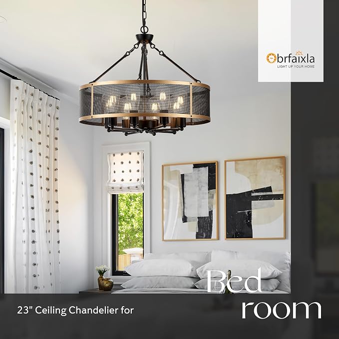 Modern 23" Large Black Gold Mesh Drum Chandelier for Dining Room Industrial Retro Semi Flush Mount 4-Light Round Ceiling Light Fixtures for Kitchen Bedroom Living Room Hallway Entryway Foyer - Image 6
