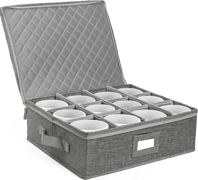LotFancy Cup and Mug Storage Container, Hard Shell, China Coffee Mug Storage Box for Moving, with Dividers & Handles, Holds 12 Tea Cups, Grey by LotFancy