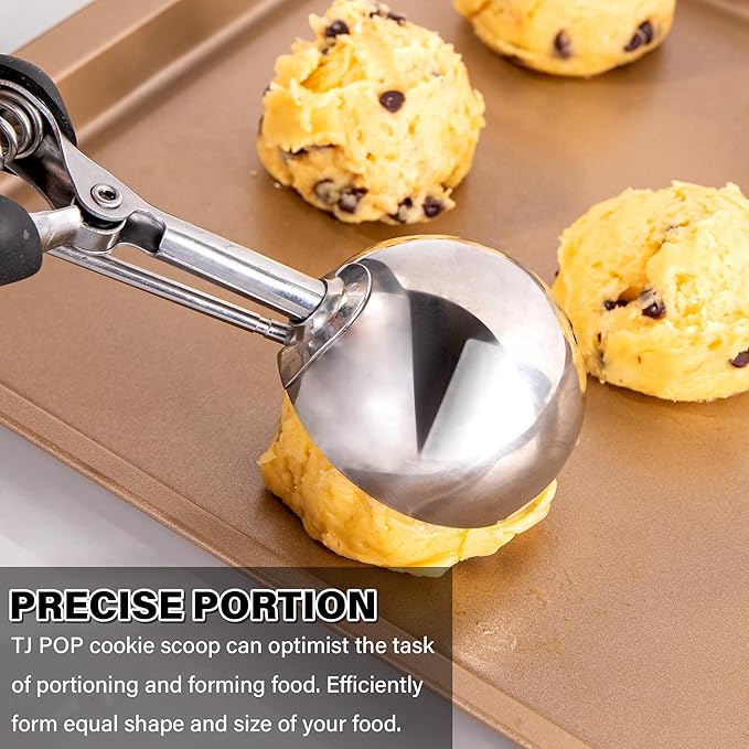 Cookie Scoop 4 Tbsp, TJ POP Professional Stainless Steel Ice Cream Scoop 60 mm, Soft Grips, Quick Trigger Release, 60 ml