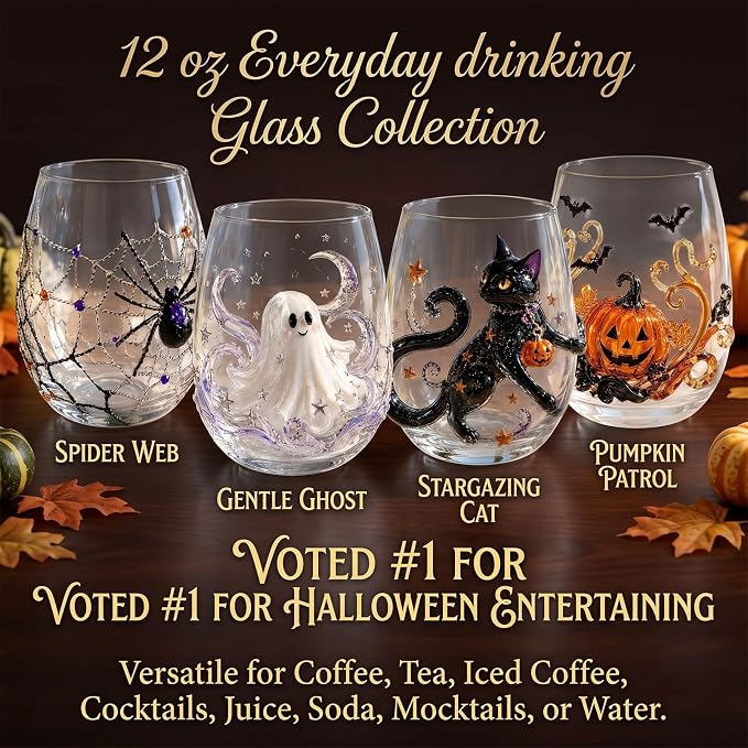 Halloween Artisan Glassware Collection,Handmade Stemless Wine Glass,Gothic Style Artistic Glass Wine Goblet Home Decor Piece Featuring Spooky Pumpkin Design Halloween Party Home Decor Gift，2Pcs-AB - Image 7