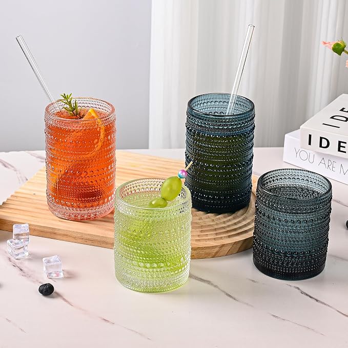 ZMOWIPDL Drinking Glasses Set of 12,Blue 12oz & 15oz Hobnail Glass Cups | Vintage Glassware，Embossed Water Tumbler,for Beer,Cocktail,Whiskey,Juice and Various Mixed Drinks- 1 Cleaning Brush - Image 6