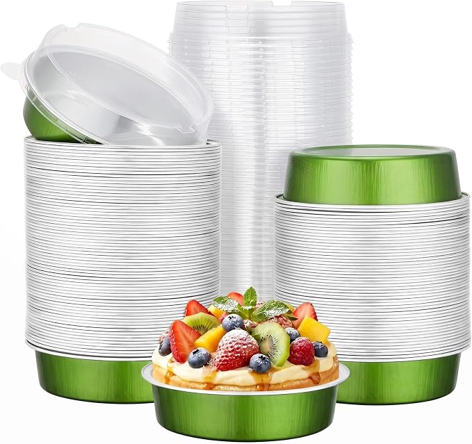 Beasea Mini Pie Pans with Lids, 120 Pack 7.3oz Avocado Green Disposable Aluminum Foil Pie Tart Baking Cups Tins, 4 Inch Mini Cake Pans Individual Dessert Containers Oven Dishes for Tart Cheesecake by Beasea