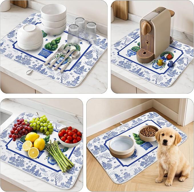 Chinese Blue White Dish Drying Mat for Kitchen Counter Coffee Bar 18x24 in | Chinese Aesthetic Non Slip Absorbent Kitchen Dishes Drainer Mat, with Anti-slip Rubber Backing & Hanging Loop, for Sink - Image 8