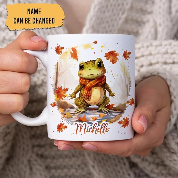 Hyturtle Personalized Fall Frog Maple Leaves Coffee Mug, Fall Autumn Décor | Birthday Gifts For Frog Lovers - Gifts For Farmhouse Thanksgiving - Custom Name 11oz White Ceramic Coffee Tea Mug - Image 2