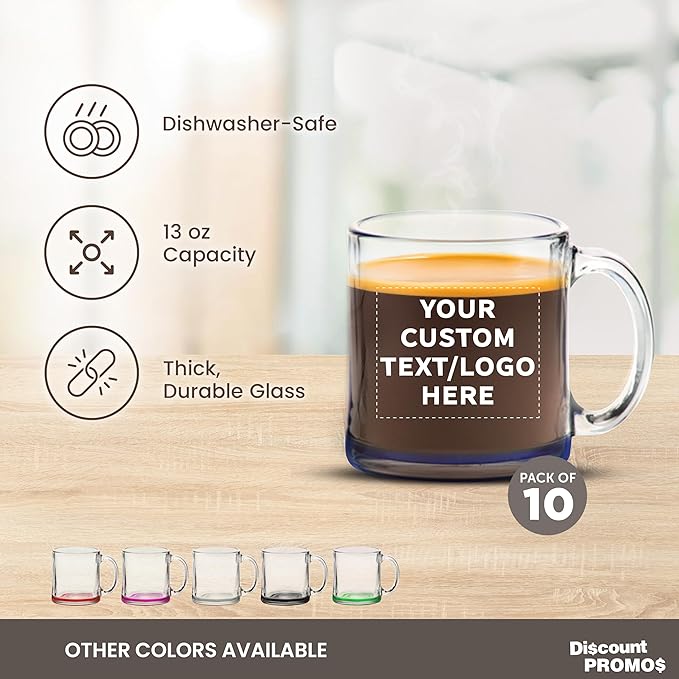 Custom Libbey Clear Glass Coffee Mugs 13 oz. Set of 10, Personalized Bulk Pack - Perfect for Coffee, Tea, Espresso, Hot Cocoa, Other Beverages - Blue Bottom