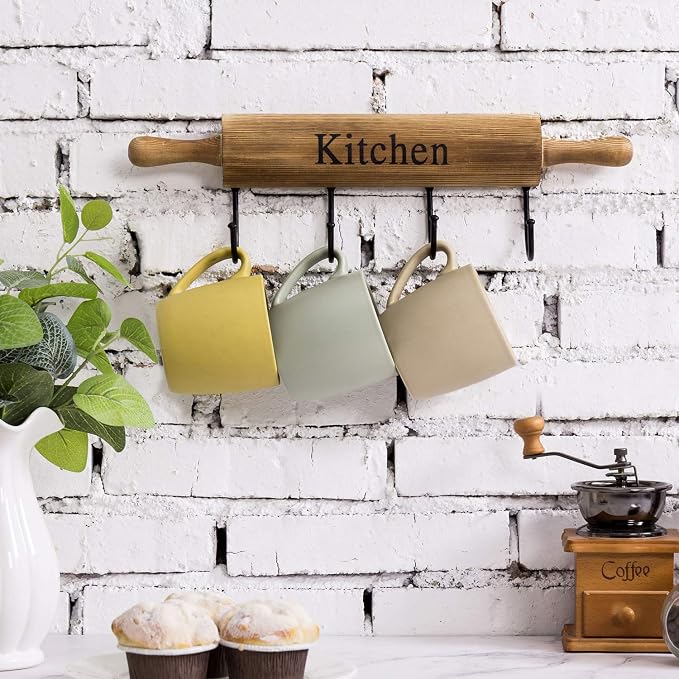 MyGift Rustic Burnt Brown Wood Kitchen Hooks for Hanging Cooking Utensils, Coffee Mugs and Hand Towels, Decorative Rolling Pin Design Kitchen Wall Decor with 4 Hooks | Four sturdy hooks provide convenient hanging space for mugs, towels, utensils, apron... - Image 5