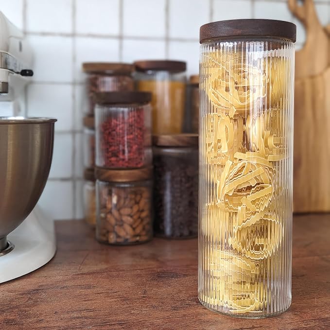 Mason & Fable Ribbed Glass Canisters or Spaghetti Jars with Airtight Wood Lid- Tall Storage Containers for Pasta, Cereal or Flour -Ideal for Kitchen/Pantry Organization - 60 fl.oz, Set of 2 - Image 4