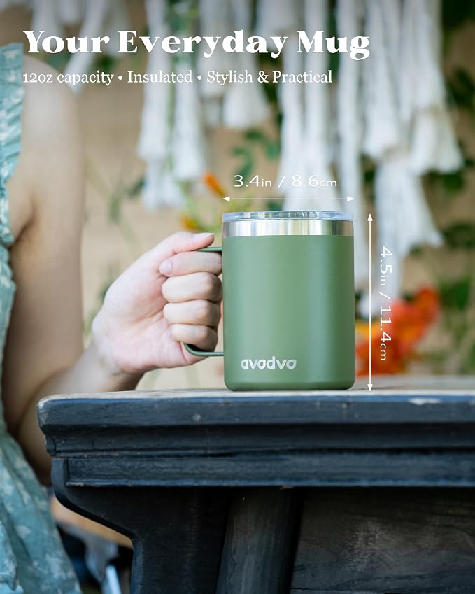 12oz Insulated Coffee Mug with Lid – Includes Two Lids, Stainless Steel Coffee Travel Mug with Handle, Double Wall Vacuum Insulated Camping Mug for Home, Office & Outdoor, Army Green - Image 4