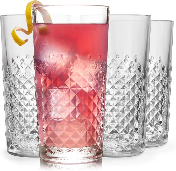 Libbey Carat Tumbler Glasses Set of 4, Faceted 14 oz Drinkware Glasses Set, Dishwasher Safe Tall Drinking Glasses for Cocktails, Soda, and More by Libbey