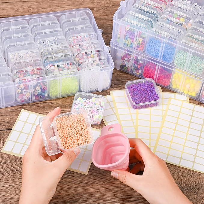 4-Tier Bead Storage Container, Craft Organizer Box with 32 Compartments, Clear Plastic Case with Handle, Includes Funnel and Brush (4-Tire Bead Organizer)