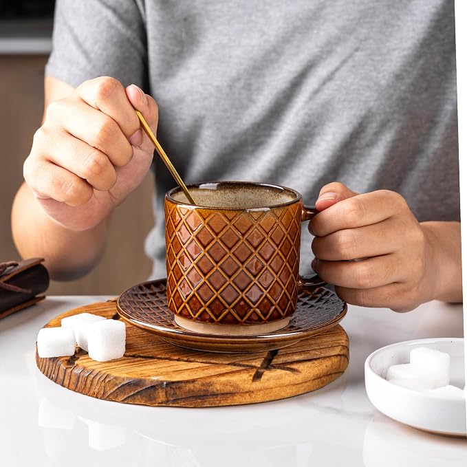 GBhome 6 OZ Stackable Coffee Mugs Set of 4, Ceramic Coffee Cups Set | 4 Assorted Designs, Embossed Mugs with Texture Patterns for Espresso/Tea, Dishwasher&Microwave Safe, Caramel - Image 5