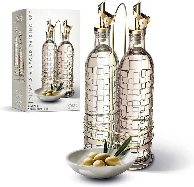 COOK WITH COLOR Glass Olive Oil Bottle Dispenser - 2 Pack- 17oz Oil and Vinegar Cruet - Olive Oil Carafe Decanter for Kitchen, Checkered, Brown by CookwithColor