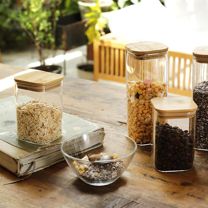 LIBWYS 16-Pack Square Glass Storage Jars with Bamboo Lids (0.6Qt/1.06Qt) | Stackable Dry Food Containers for Pantry Organization, Coffee, Flour, Snacks, Tea, Pasta, Spaghetti | Kitchen Canisters Set - Image 3