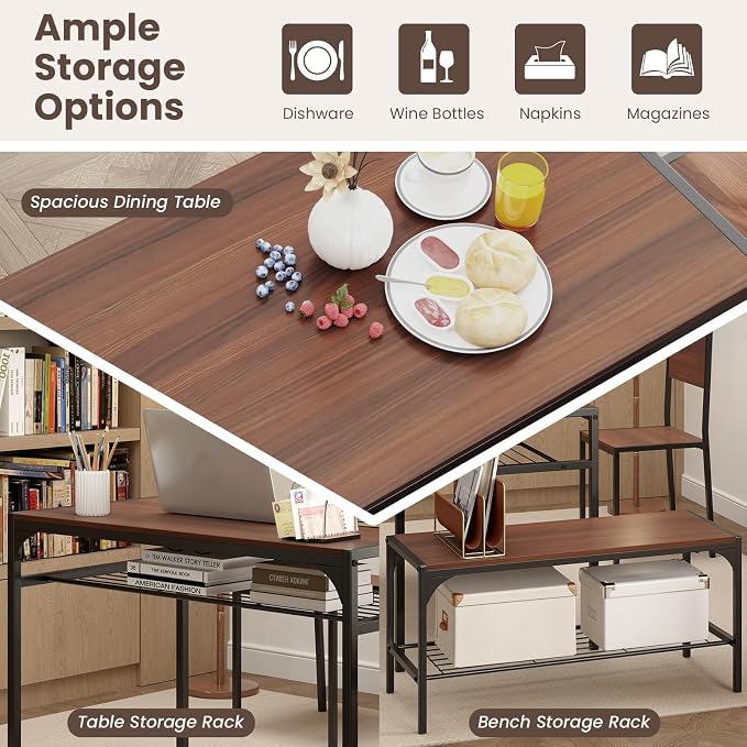 Giantex Dining Table Set for 4, Kitchen Table with Chairs & Bench, Storage Racks, Metal Frame, 4-Piece Space-Saving Dinette Set for Dining Room, Breakfast Nook, Small Space, Apartment, Walnut - Image 4
