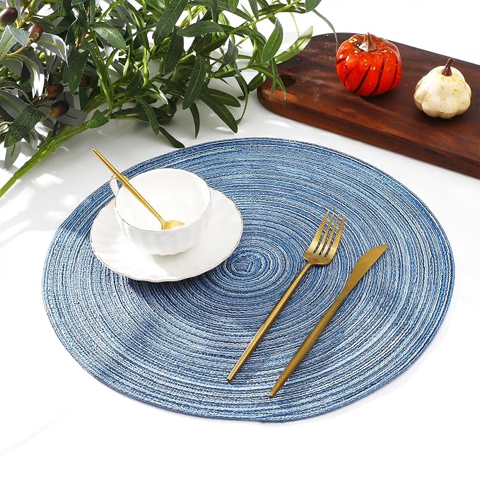 SHACOS Round Braided Placemats Set of 4 Dining Table Placemats 15 inch Circle Place Mats Easy to Clean Table Mats Indoor Outdoor, Blue Gray - Image 7