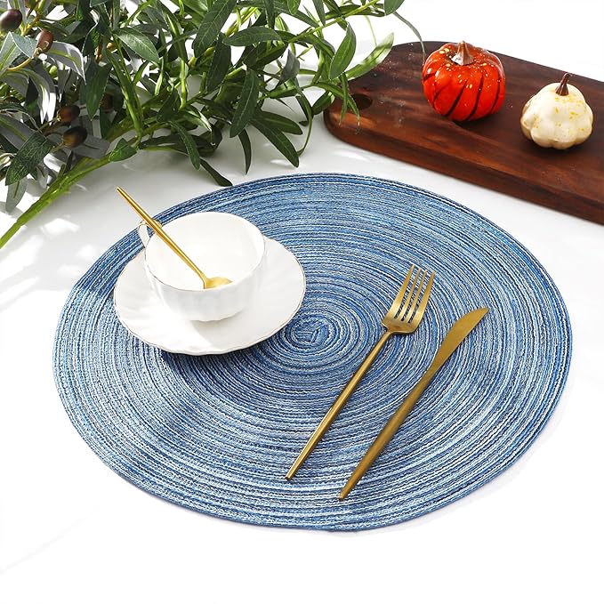 SHACOS Round Braided Placemats Set of 6 Circle Place Mats Kitchen Table Mats for Dining Table Wedding Party (Blue Gray, 6) - Image 9