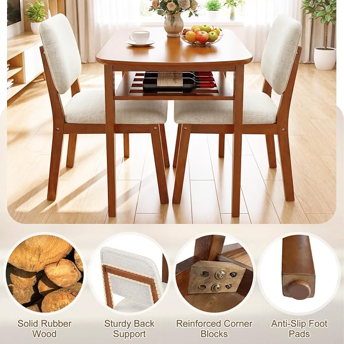 Giantex Dining Table Set for 2, Space Saving Kitchen Table and Chairs Set w/Rubber Wood Frame, Storage Rack, Padded Seats & Backrests, Dinette Set for Small Space, Apartment, Dining Room, Walnut - Image 8