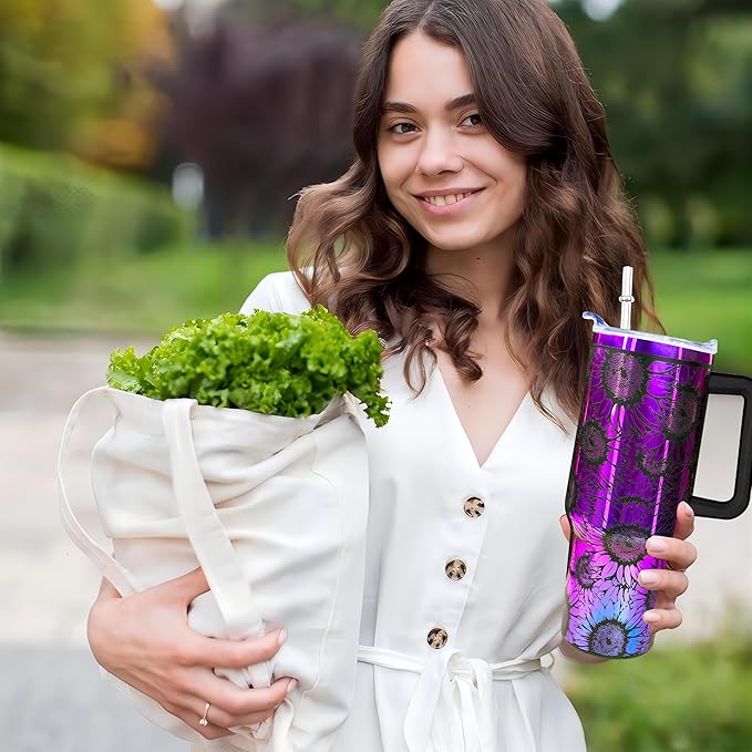 40 oz Sunflower Laser Engraving Tumbler With Handle With Lid Straw Double Insulated Travel Coffee Cup Travel Accessories Must Have Gifts For Women
