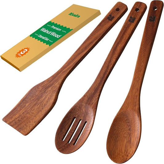Riveira Walnut Wooden Spoons for Cooking Set of 3 – Natural Walnut Wooden Cooking Utensils, Spatula, Spoon - Premium Quality Utensil Set for Non-Toxic Cooking by Riveira