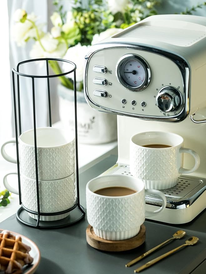 LYEOBOH Stackable Coffee Mugs with Rack, 13 oz Ceramic Coffee Mug Set of 4 with Stand, Latte Cup with Spoon, Cappuccino Cups for Hot Cocoa, Milk, White - Image 4