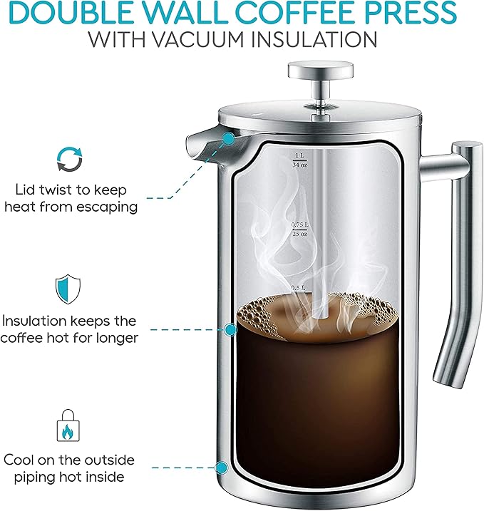 Belwares French Press Coffee Maker 50oz - 304 Stainless Steel Insulated Coffee Press, Double-Wall Heat Resistant Design with 4-Level Filtration System, Rust-Free & Dishwasher Safe (1.5 Liter), Silver