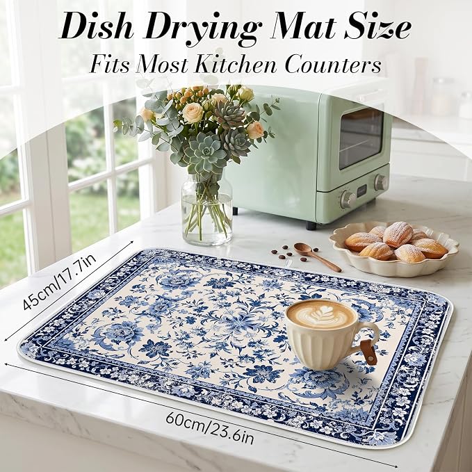 Chinoiserie Dish Drying Mat for Kitchen Coffee Bar 18x24 in Home Decor | Chinese Aesthetic Non Slip Absorbent Kitchen Dishes Drainer Mat, with Anti-slip Rubber Backing & Hanging Loop, for Sink - Image 2
