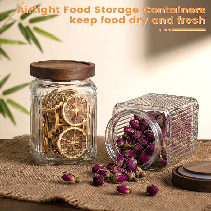 6 Pcs Vintage Glass Storage Jar with Lid 25.3 oz Glass Containers Stylish Ribbed Pattern Airtight Kitchen Jars Candy Jar for Food Cookies Candy Coffee Tea Beans Grains Storage - Image 6