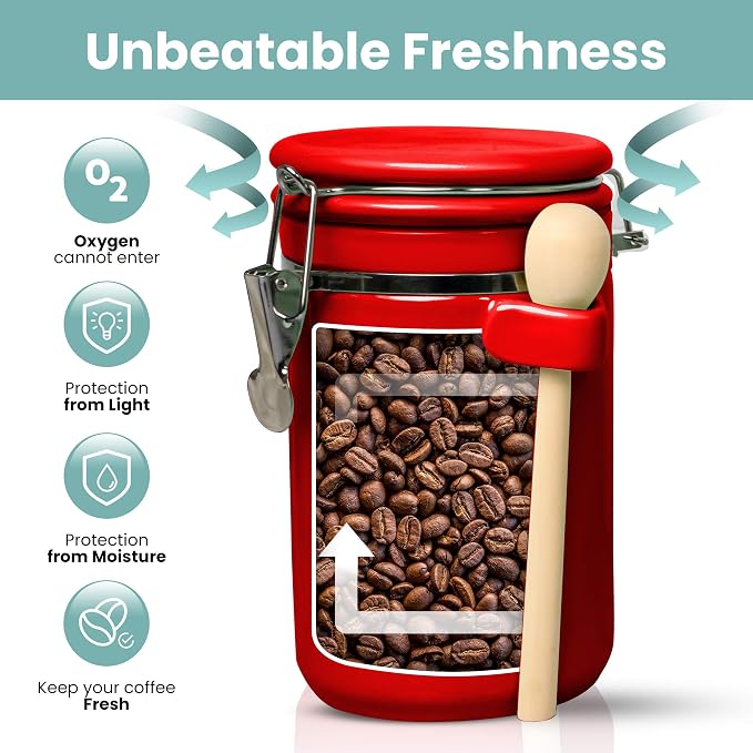 Home Intuition Smell Proof 4-Piece Ceramic Kitchen Canisters Set, Airtight Containers with Wooden Spoons Reusable Chalk Labels and Marker for Sugar, Coffee, Flour, Tea (Red) - Image 4